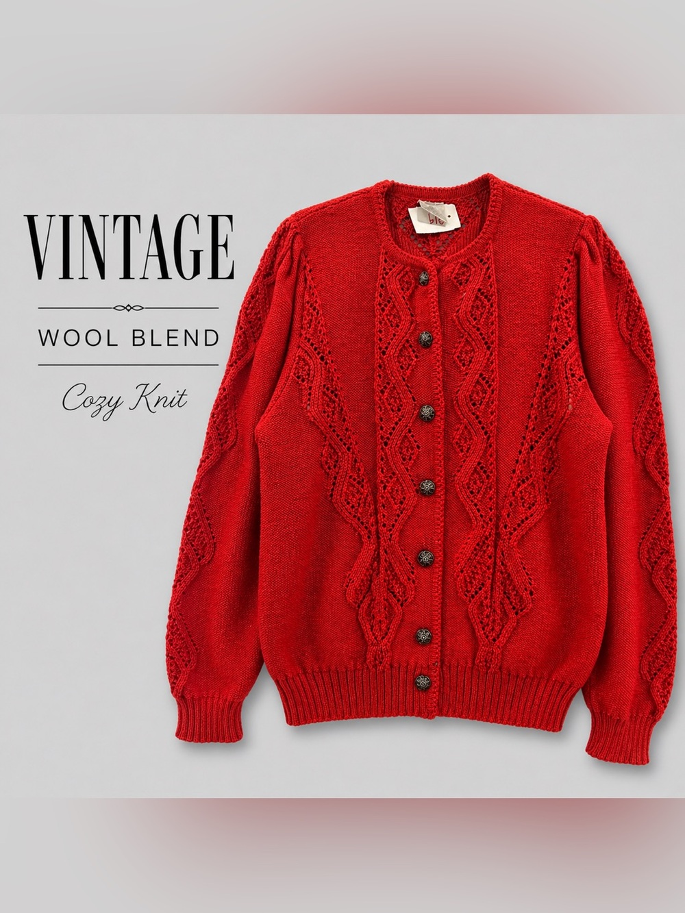Vintage Dralon (Germany) Cable Knit Cardigan Wool Blend Textured Sweater